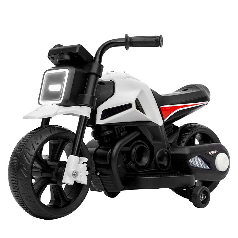 Motocicleta Electrica cu 2 Roti Mari si 2 Roti Ajutatoare, Acumulator Incarcare, Anti-Rasturnare, Lumini, Muzica, Motor:380, Baterie 6V4.5, 41.5x70x34 cm, 4.5 Kg, 3 Ani+, Alb Negru