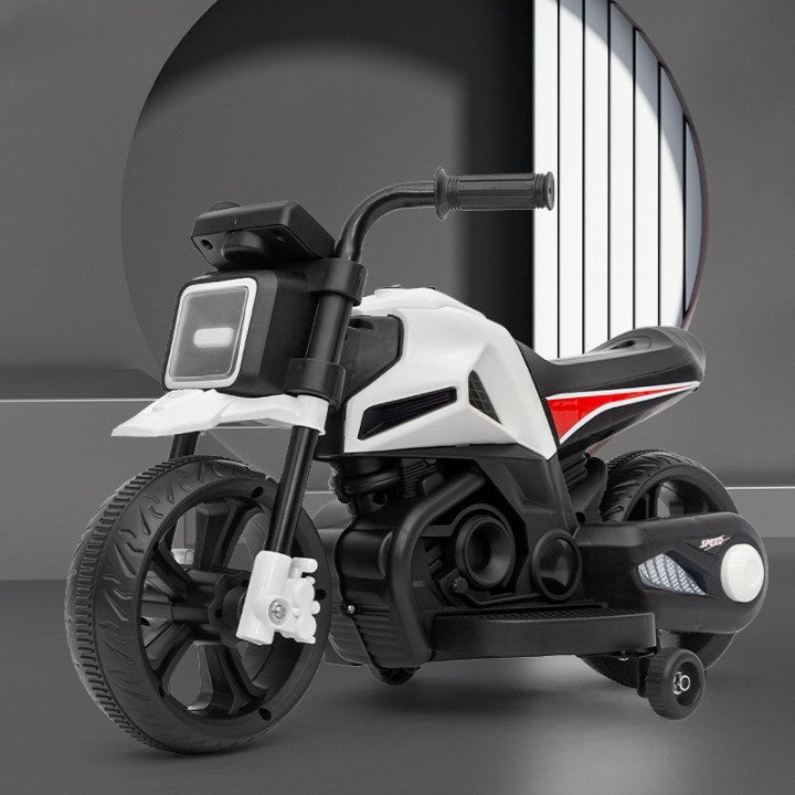 Motocicleta Electrica cu 2 Roti Mari si 2 Roti Ajutatoare, Acumulator Incarcare, Anti-Rasturnare, Lumini, Muzica, Motor:380, Baterie 6V4.5, 41.5x70x34 cm, 4.5 Kg, 3 Ani+, Alb Negru