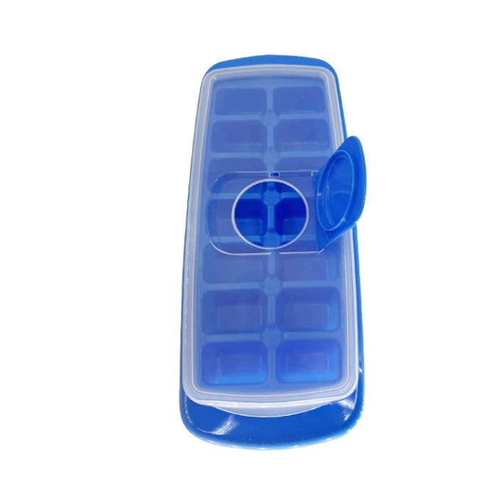 Forma pentru cuburi de gheata, 14 cuburi, reutilizabil, plastic alimentar, cu capac, orificiu umplere, dreptunghiulara, 29.5 x 12.5 x4 cm, albastru