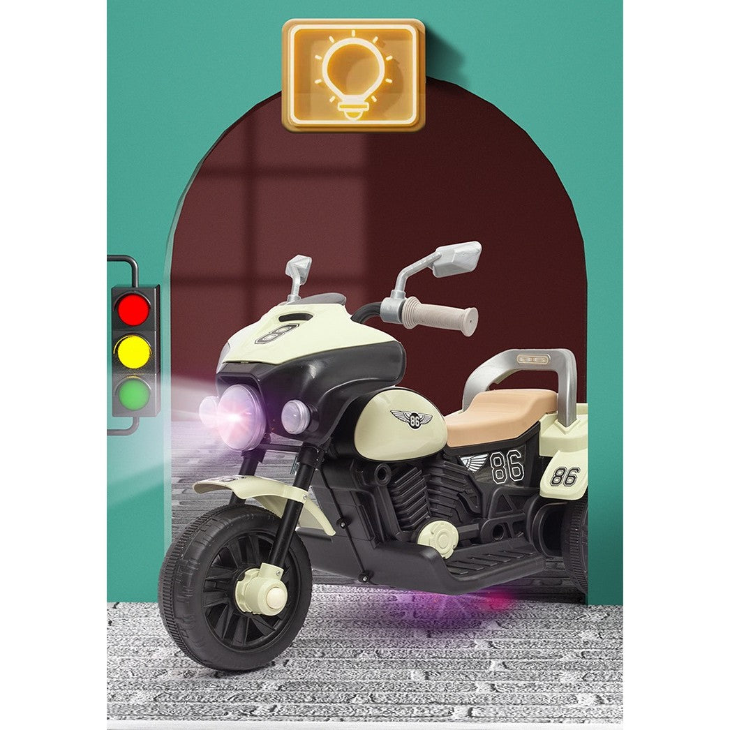 Motocicleta Electrica, cu Acumulator, cu Sistem Anti-Rasturnare, Sistem de Lumini si Muzica, Cutie de Depozitare, 1-8 Ani, 93 x 43 x 58 cm, Alb - Bej