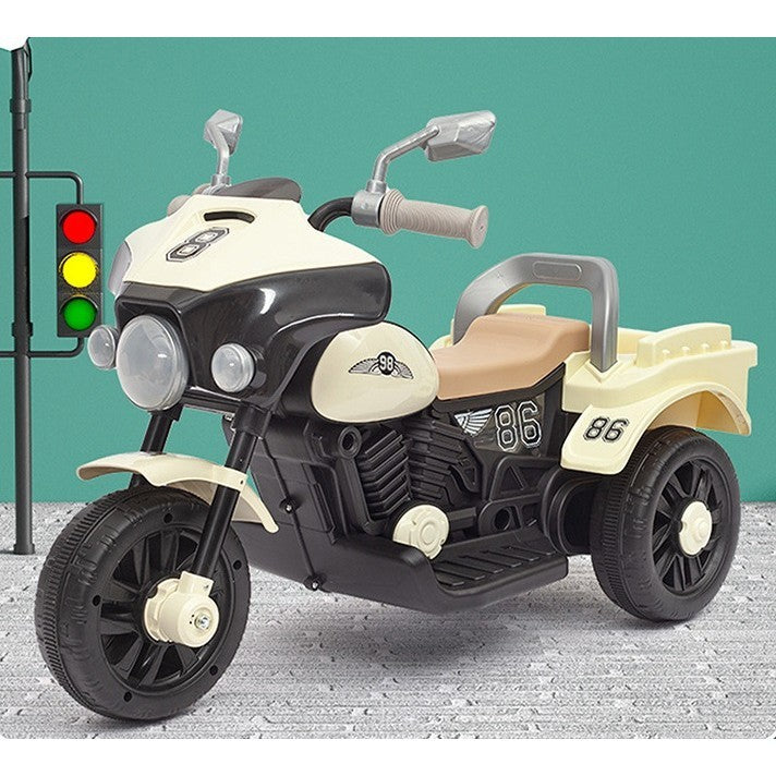 Motocicleta Electrica, cu Acumulator, cu Sistem Anti-Rasturnare, Sistem de Lumini si Muzica, Cutie de Depozitare, 1-8 Ani, 93 x 43 x 58 cm, Alb - Bej