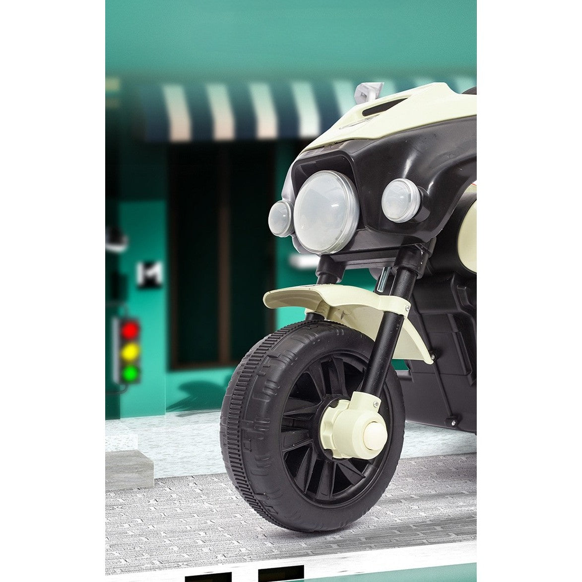 Motocicleta Electrica, cu Acumulator, cu Sistem Anti-Rasturnare, Sistem de Lumini si Muzica, Cutie de Depozitare, 1-8 Ani, 93 x 43 x 58 cm, Alb - Bej