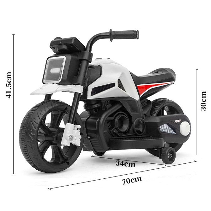 Motocicleta Electrica cu 2 Roti Mari si 2 Roti Ajutatoare, Acumulator Incarcare, Anti-Rasturnare, Lumini, Muzica, Motor:380, Baterie 6V4.5, 41.5x70x34 cm, 4.5 Kg, 3 Ani+, Alb Negru