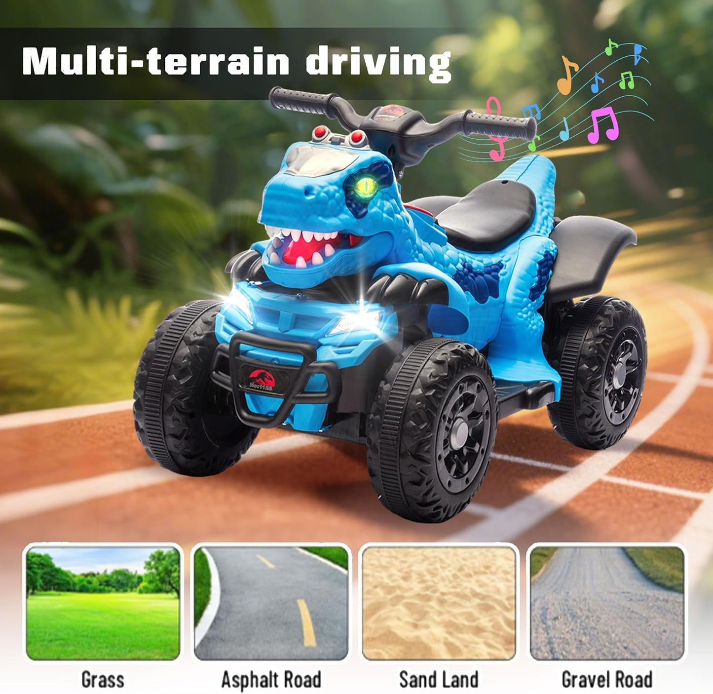 ATV copil, model dinozaur, muzica, bluetooth, varsta 1-6 ani, verde