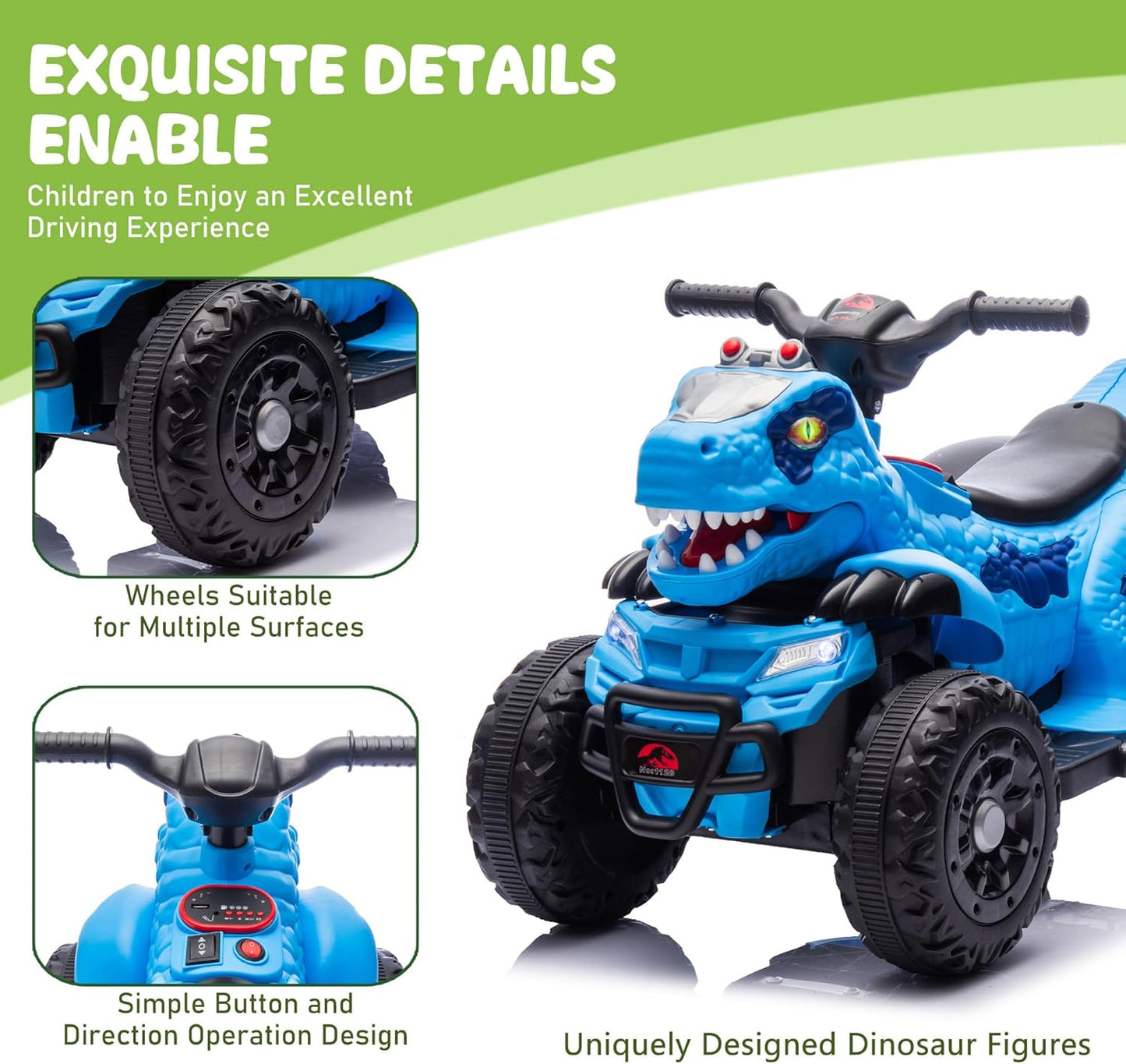 ATV copil, model dinozaur, muzica, bluetooth, varsta 1-6 ani, verde