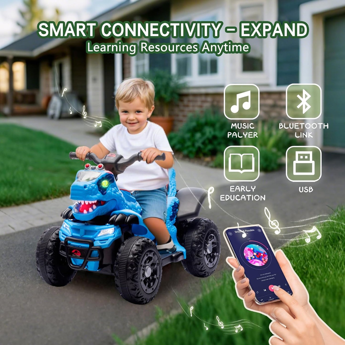 ATV copil, model dinozaur, muzica, bluetooth, varsta 1-6 ani, verde