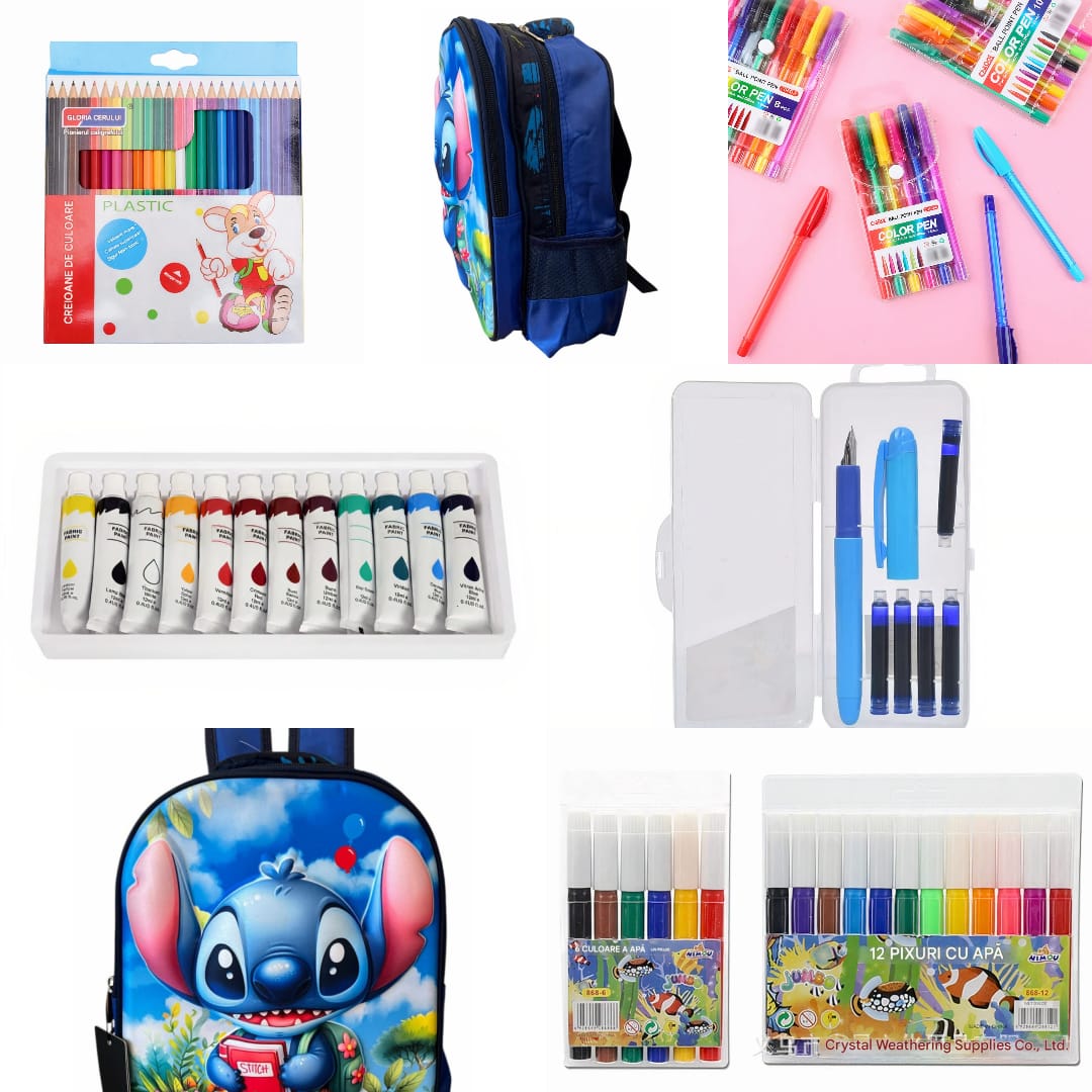 Ghiozdan Ergonomic Echipat Cu Acuarele, Creioane Colorate, Stilou + Rezerva cerneala, Set pixuri colorate cu Gel, Set Carioci