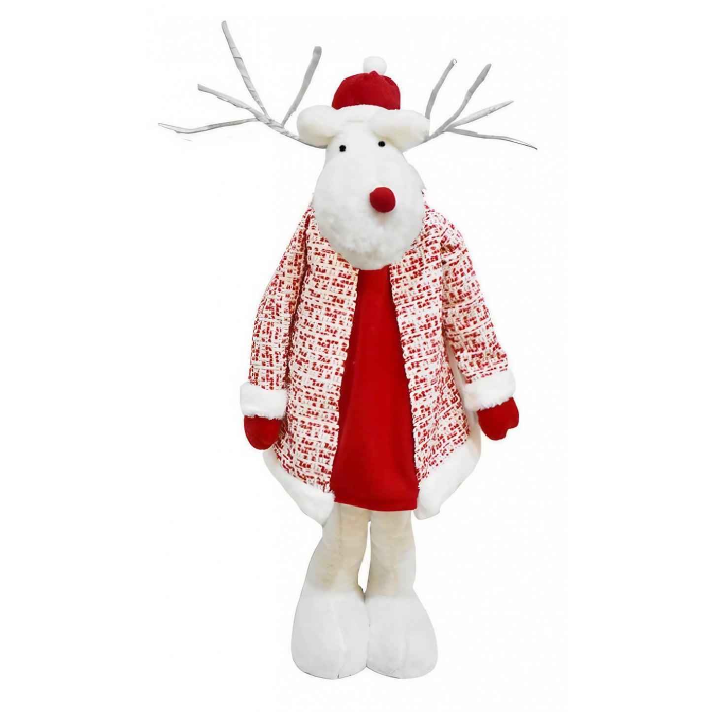 Figurina Decorativa, Pentru Craciun, Ren, Picioare Telescopice, Inaltime Reglabila 42 - 80 cm, cu Haina, Alb/Rosu