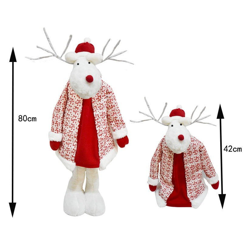 Figurina Decorativa, Pentru Craciun, Ren, Picioare Telescopice, Inaltime Reglabila 42 - 80 cm, cu Haina, Alb/Rosu