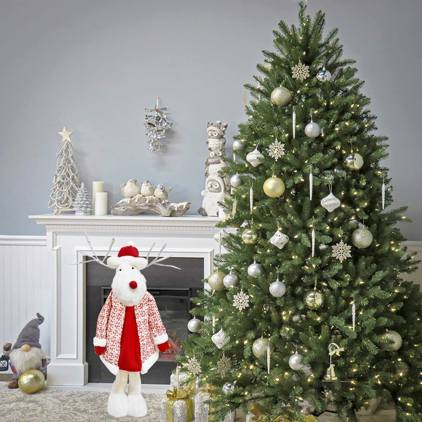 Figurina Decorativa, Pentru Craciun, Ren, Picioare Telescopice, Inaltime Reglabila 42 - 80 cm, cu Haina, Alb/Rosu