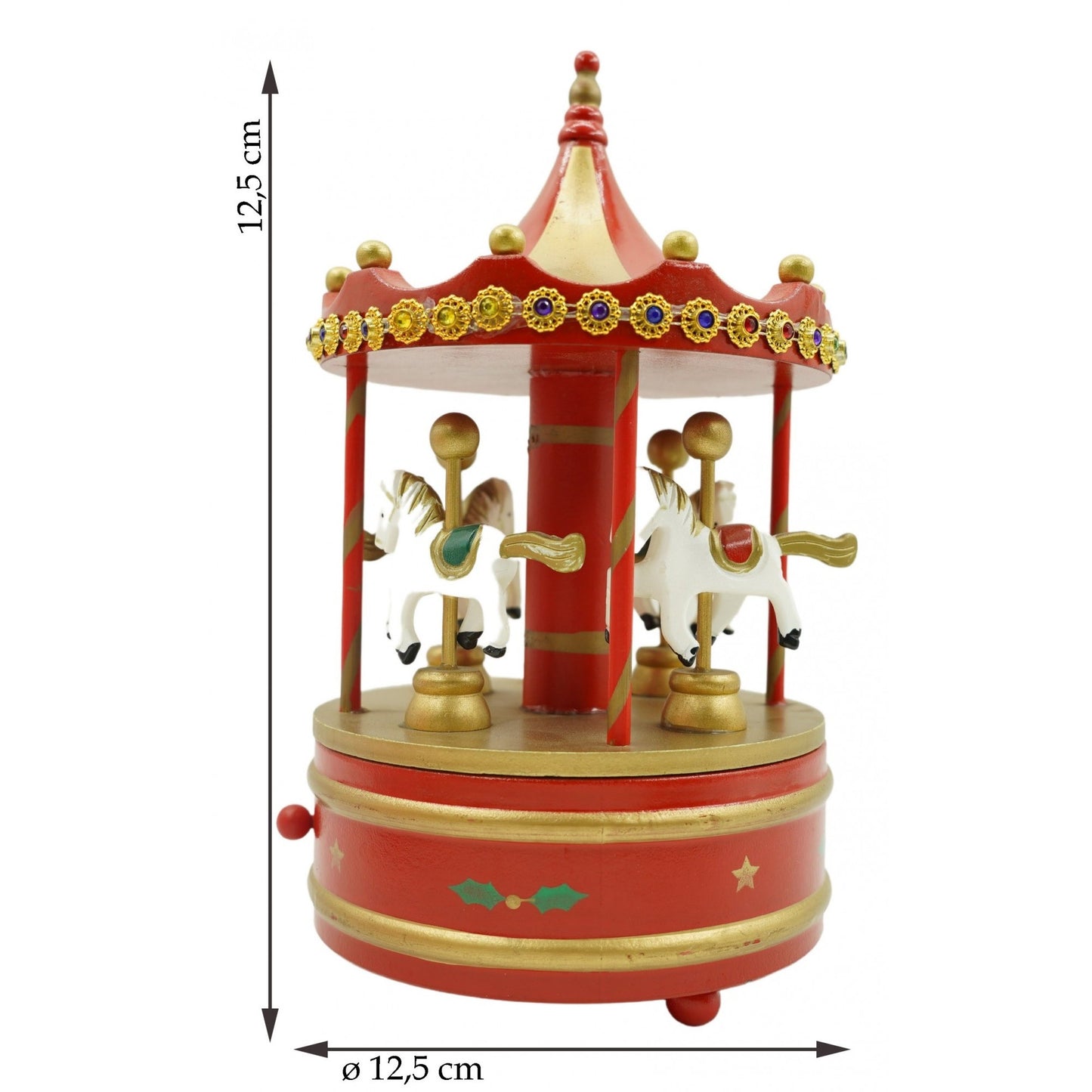 Cutiuta muzicala decorata de Craciun, Carusel rotativ, Rosu, din Lemn, Interior