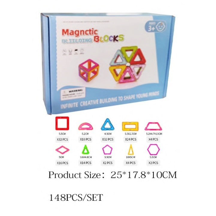 Set 148 Piese Magnetice de Constructie, Piese Medii, Magnetic Blocks, Forme Geometrice, 3 Ani, ABS, Magnet, 25 x 17.8 x 10 cm, Multicolor