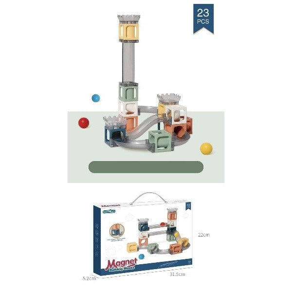 Set piese magnetice de constructie, Cu tobogane si bile, 23 piese, Multicolor