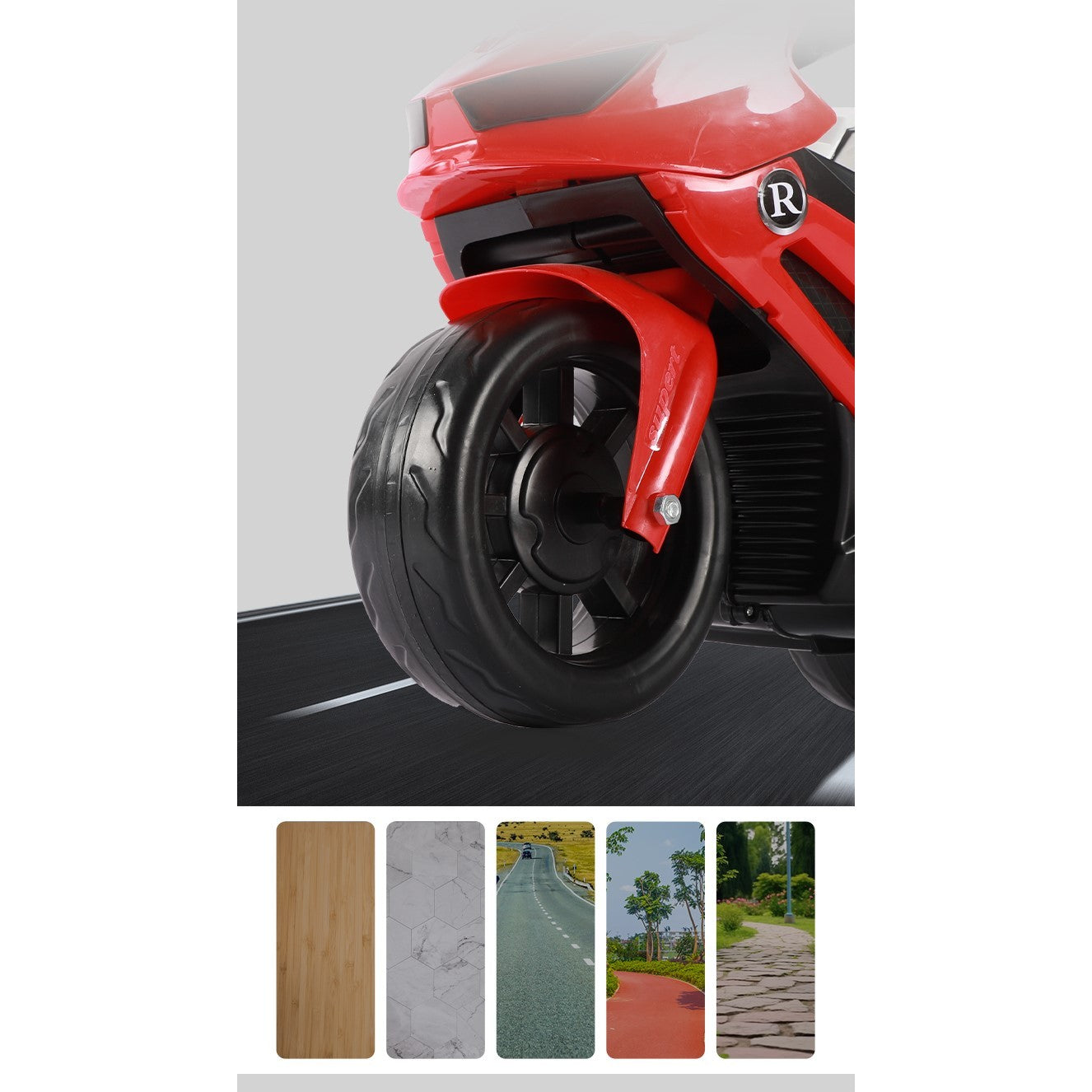 MOTOCICLETĂ ELECTRICĂ CU 3 ROTI, ACUMULATOR ÎNCARCARE, ANTI-RASTURNARE, LUMINI, SUNETE, OFF-ROAD, BATERIE 6V 4.5AH, TELECOMANDA, 66X34X43CM, ROSU