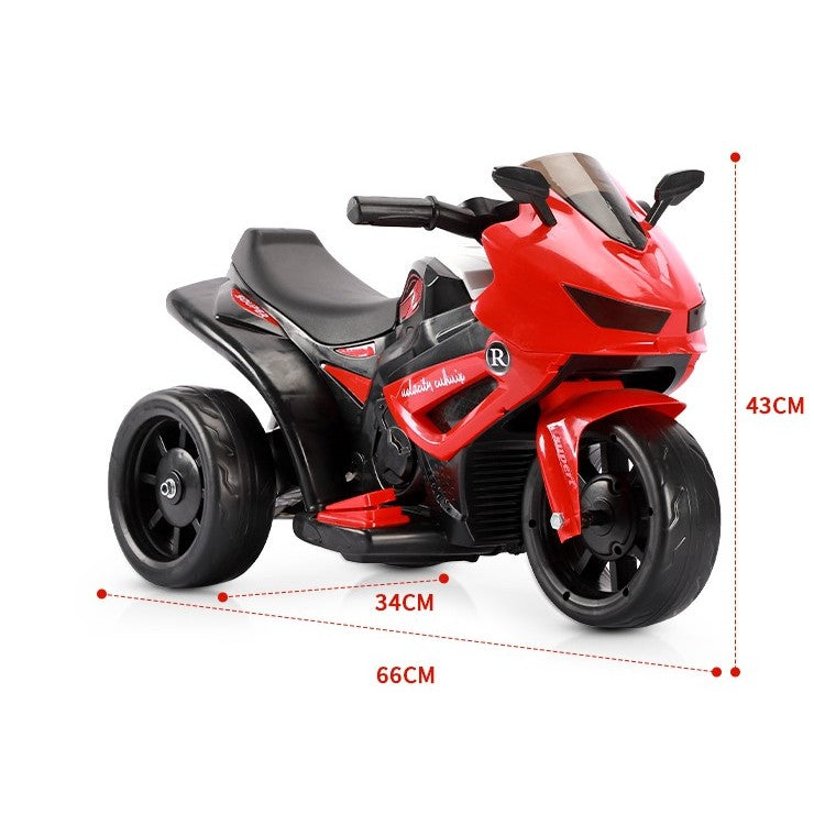 MOTOCICLETĂ ELECTRICĂ CU 3 ROTI, ACUMULATOR ÎNCARCARE, ANTI-RASTURNARE, LUMINI, SUNETE, OFF-ROAD, BATERIE 6V 4.5AH, TELECOMANDA, 66X34X43CM, ROSU