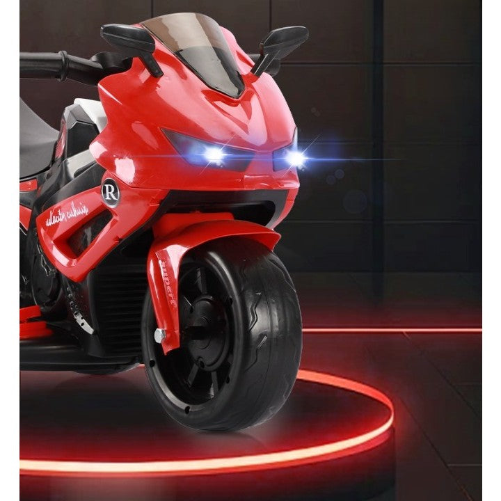 MOTOCICLETĂ ELECTRICĂ CU 3 ROTI, ACUMULATOR ÎNCARCARE, ANTI-RASTURNARE, LUMINI, SUNETE, OFF-ROAD, BATERIE 6V 4.5AH, TELECOMANDA, 66X34X43CM, ROSU