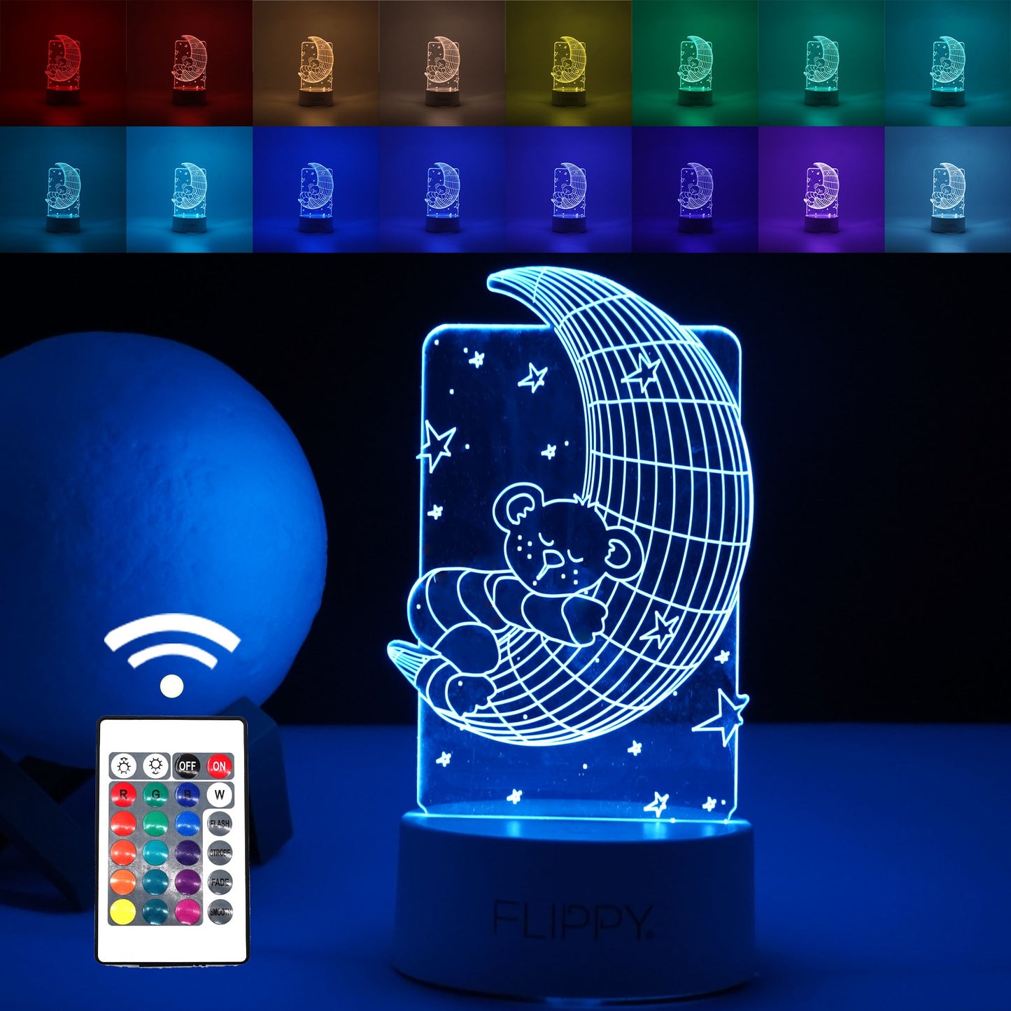 Lampa LED decorativa, 3D, Ursulet si Semiluna, cu telecomanda, doua moduri de alimentare USB si baterii, 20 cm inaltime, din material acril si lumina multicolora, alb