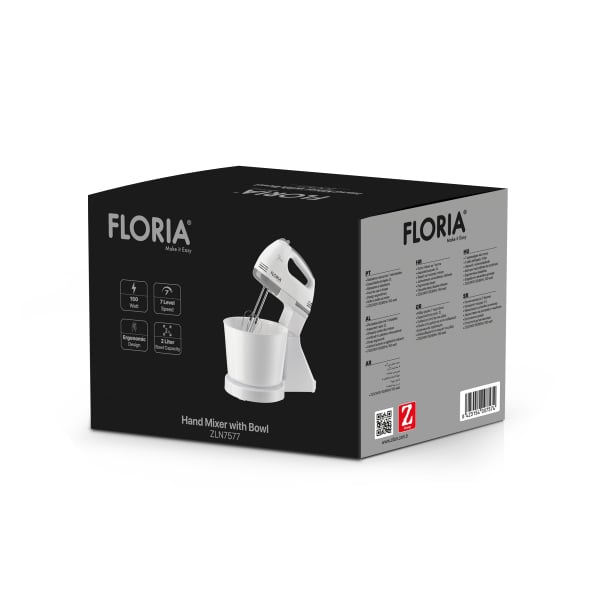 Mixer de masa cu bol plastic, 7 viteze, putere 150W, capacitate 2L, alb