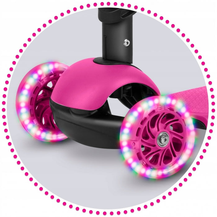 Trotineta 3 in 1 pentru copii Ricokids Buggy Roz cu scaunel reglabil,inaltime ghidon reglabila,roti cu lumini LED,platforma antiderapanta,cadru din aluminiu,manere ergonomice si cosulet pentru accesorii