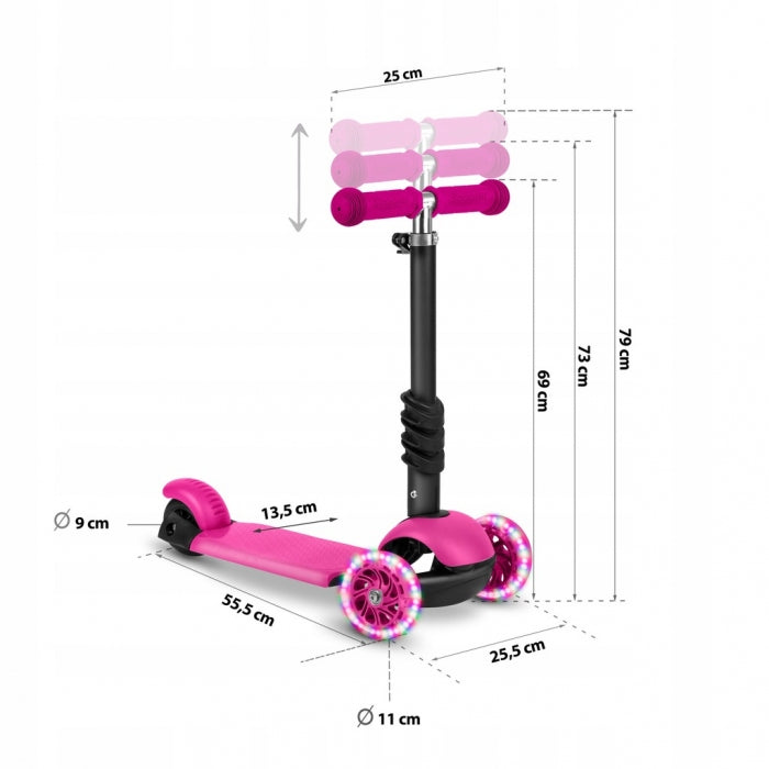 Trotineta 3 in 1 pentru copii Ricokids Buggy Roz cu scaunel reglabil,inaltime ghidon reglabila,roti cu lumini LED,platforma antiderapanta,cadru din aluminiu,manere ergonomice si cosulet pentru accesorii