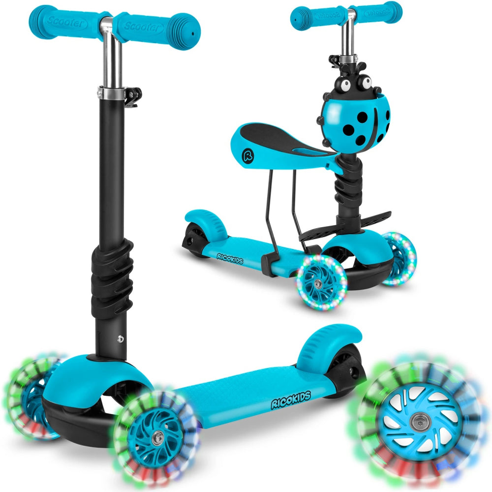 Trotineta 3 in 1 pentru copii Ricokids Buggy Roz cu scaunel reglabil,inaltime ghidon reglabila,roti cu lumini LED,platforma antiderapanta,cadru din aluminiu,manere ergonomice si cosulet pentru accesorii