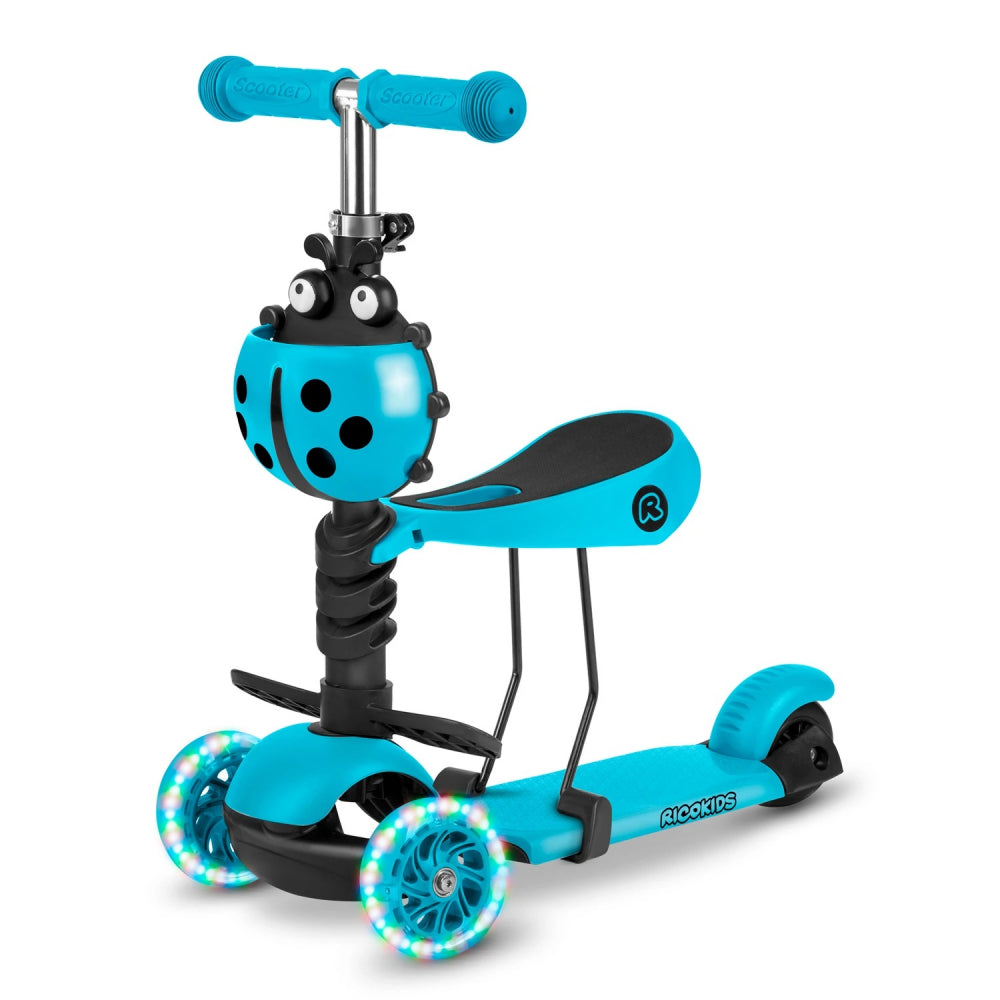 Trotineta 3 in 1 pentru copii Ricokids Buggy Roz cu scaunel reglabil,inaltime ghidon reglabila,roti cu lumini LED,platforma antiderapanta,cadru din aluminiu,manere ergonomice si cosulet pentru accesorii