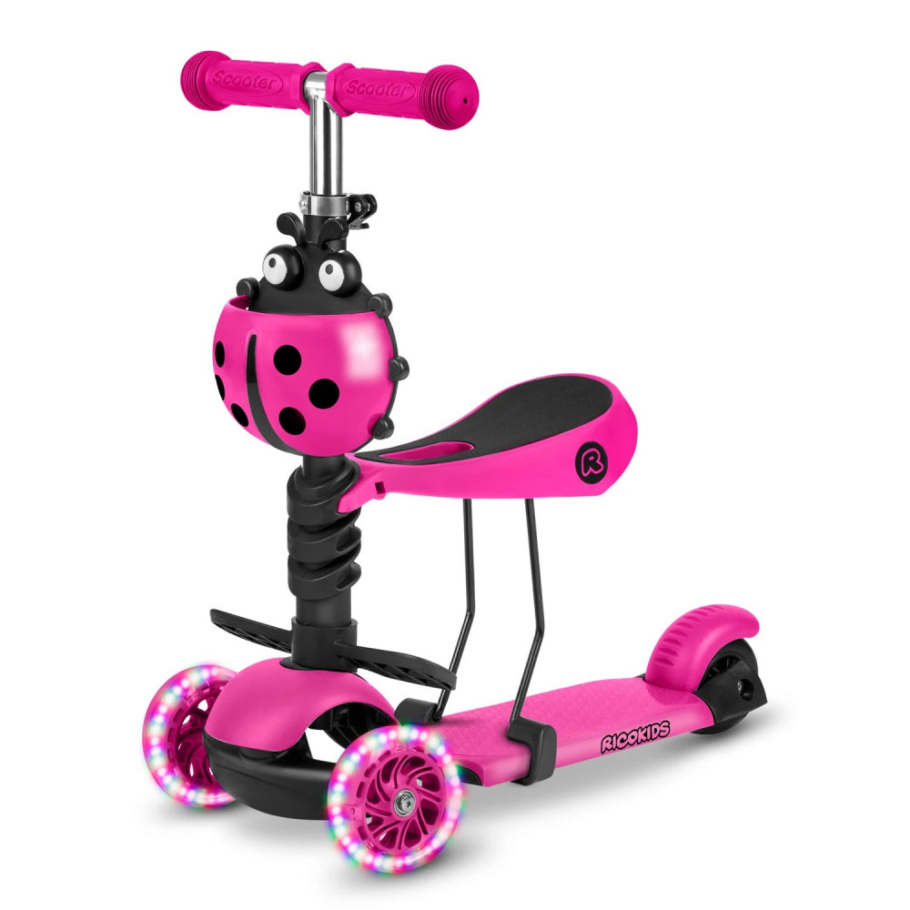 Trotineta 3 in 1 pentru copii Ricokids Buggy Roz cu scaunel reglabil,inaltime ghidon reglabila,roti cu lumini LED,platforma antiderapanta,cadru din aluminiu,manere ergonomice si cosulet pentru accesorii