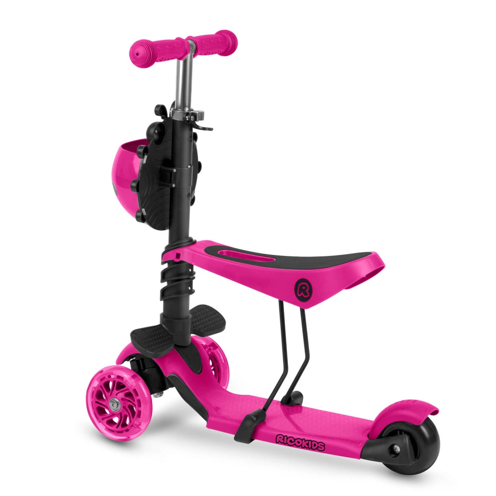 Trotineta 3 in 1 pentru copii Ricokids Buggy Roz cu scaunel reglabil,inaltime ghidon reglabila,roti cu lumini LED,platforma antiderapanta,cadru din aluminiu,manere ergonomice si cosulet pentru accesorii