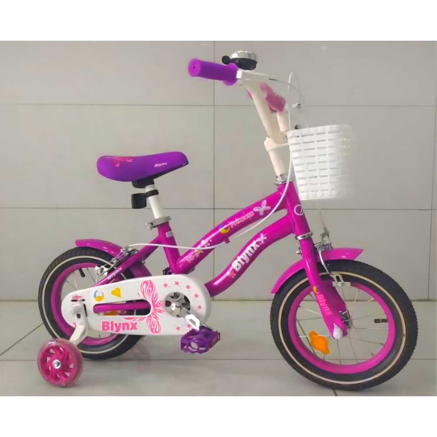 Bicicleta Fete Cu Pedale , Roti Ajutatoare Ajustabile, Stop si Cosulet , 14 Inch, Varsta 4-6 Ani, Mov