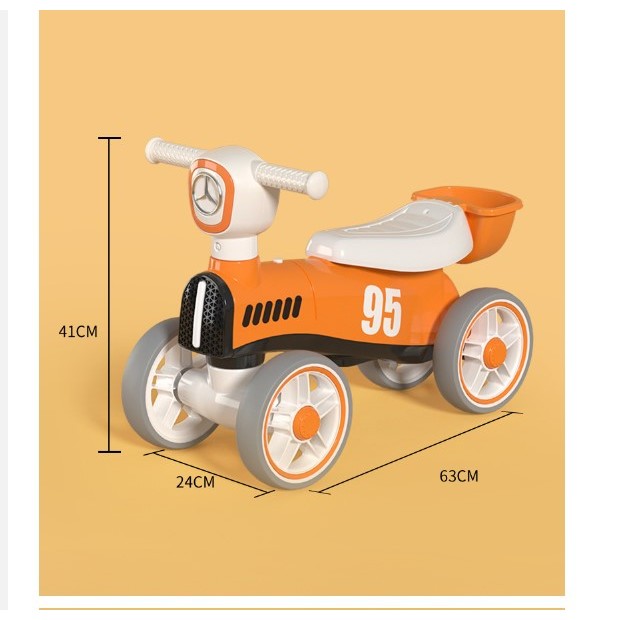 Bicicleta fara pedale pentru copii, cu lumini si muzica, 4 roti, varsta 1-3 ani, material PP, 63 x24 x41 cm, portocaliu