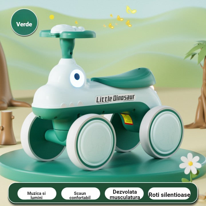 Bicicleta Pentru Copii, Fara Pedale, Cu Patru Roti, Din Plastic Rezistent, Fara BPA, Cu Muzica Si Lumini, Model Dinozaur, 50x27x40 Cm, Verde