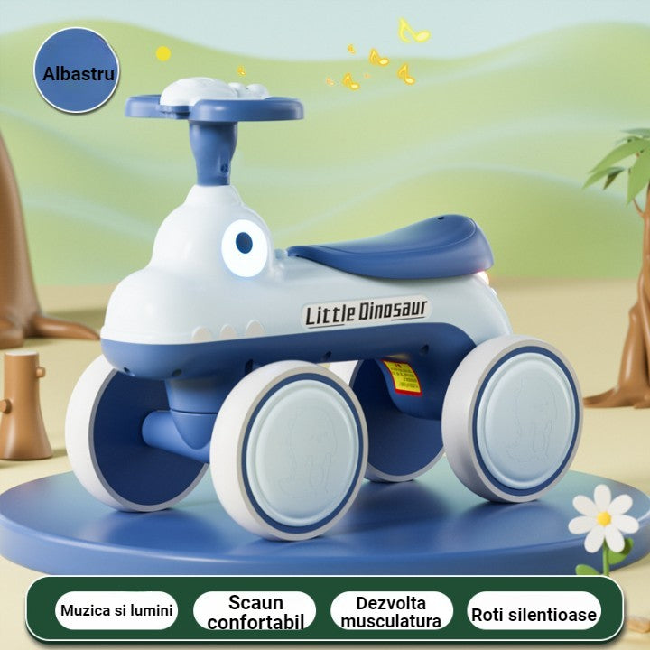 Bicicleta Pentru Copii, Fara Pedale, Cu Patru Roti, Din Plastic Rezistent, Fara BPA, Cu Muzica Si Lumini, Model Dinozaur, 50x27x40 Cm, Albastru