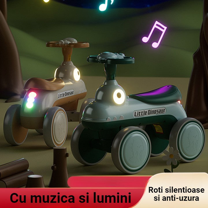 Bicicleta Pentru Copii, Fara Pedale, Cu Patru Roti, Din Plastic Rezistent, Fara BPA, Cu Muzica Si Lumini, Model Dinozaur, 50x27x40 Cm, Albastru