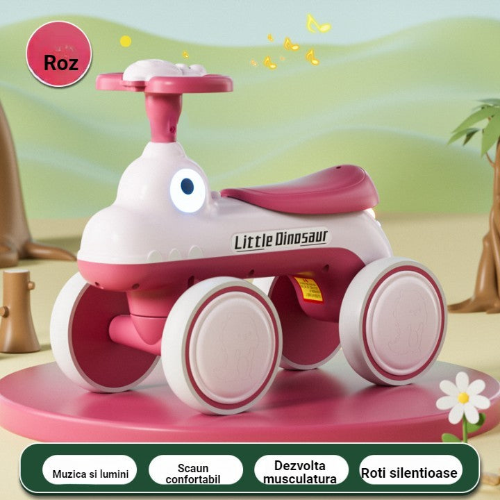 Bicicleta Pentru Copii, Fara Pedale, Cu Patru Roti, Din Plastic Rezistent, Fara BPA, Cu Muzica Si Lumini, Model Dinozaur, 50x27x40 Cm, Roz