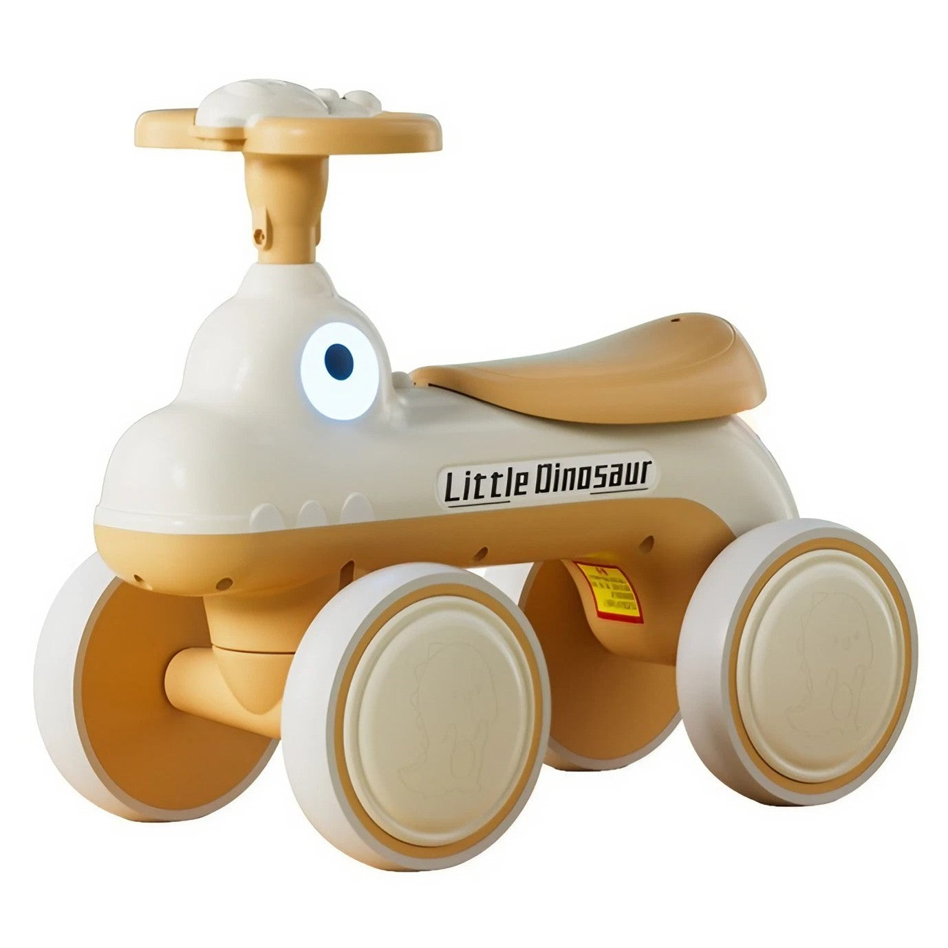 Bicicleta Pentru Copii, Fara Pedale, Cu Patru Roti, Din Plastic Rezistent, Fara BPA, Cu Muzica Si Lumini, Model Dinozaur, 50x27x40 Cm, Galben-Mustar