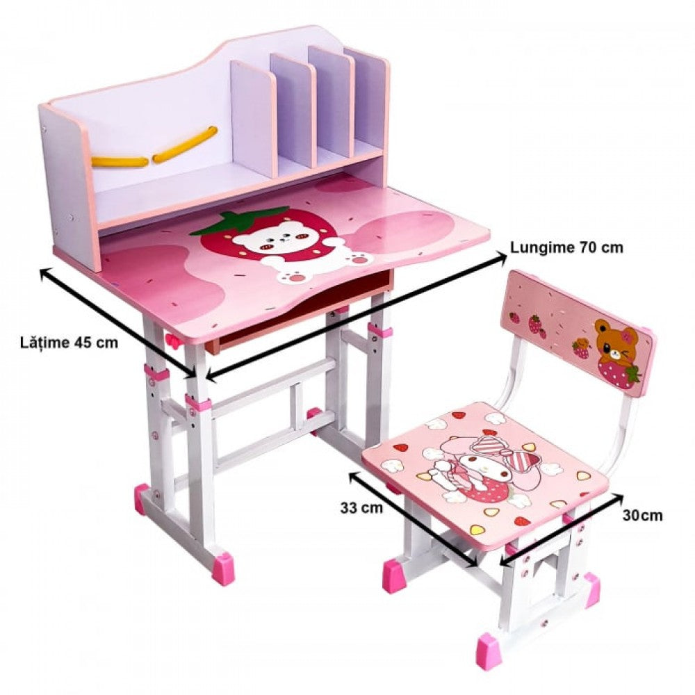 Birou cu scaun ergonomic pentru copii, etajere carri reglabile, cadru metalic si lemn, imprimeu capsunica