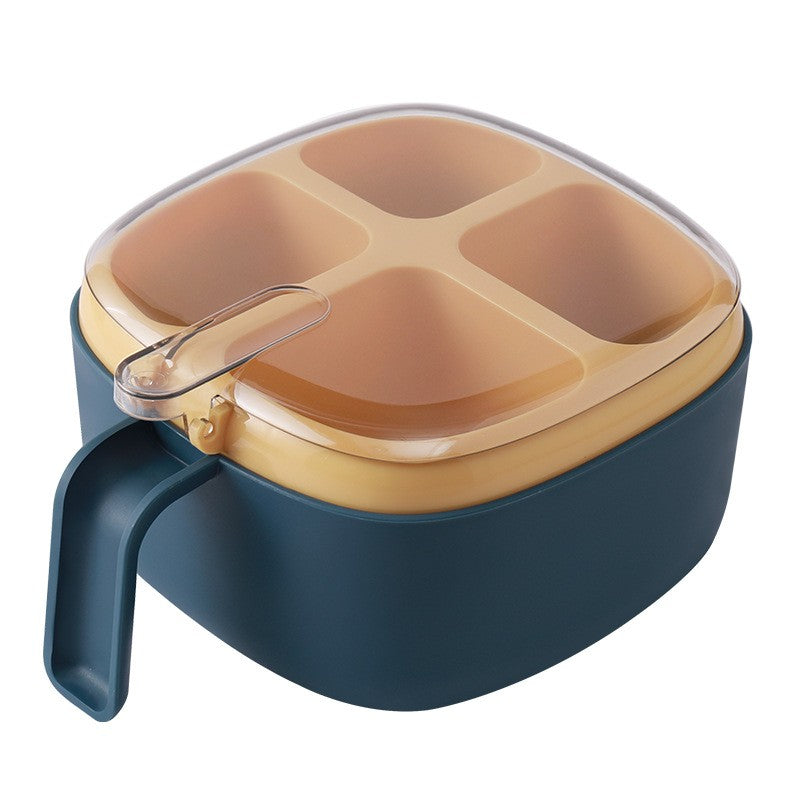 Recipient pentru condimente, 4 casute, potrivit pentru sare, cimbru, piper, condimente, 4 lingurite din plastic, capac din plastic, maner, 14x14x8 cm, albastru