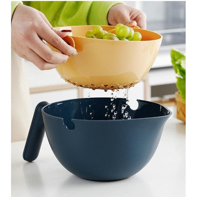 Bol cu Doua Straturi, pentru Fructe, Legume, cu Cos de Scurgere a Apei, 2L, din ABS+PP, 29.9 x 22.5 x 11.8 cm, Albastru-Portocaliu