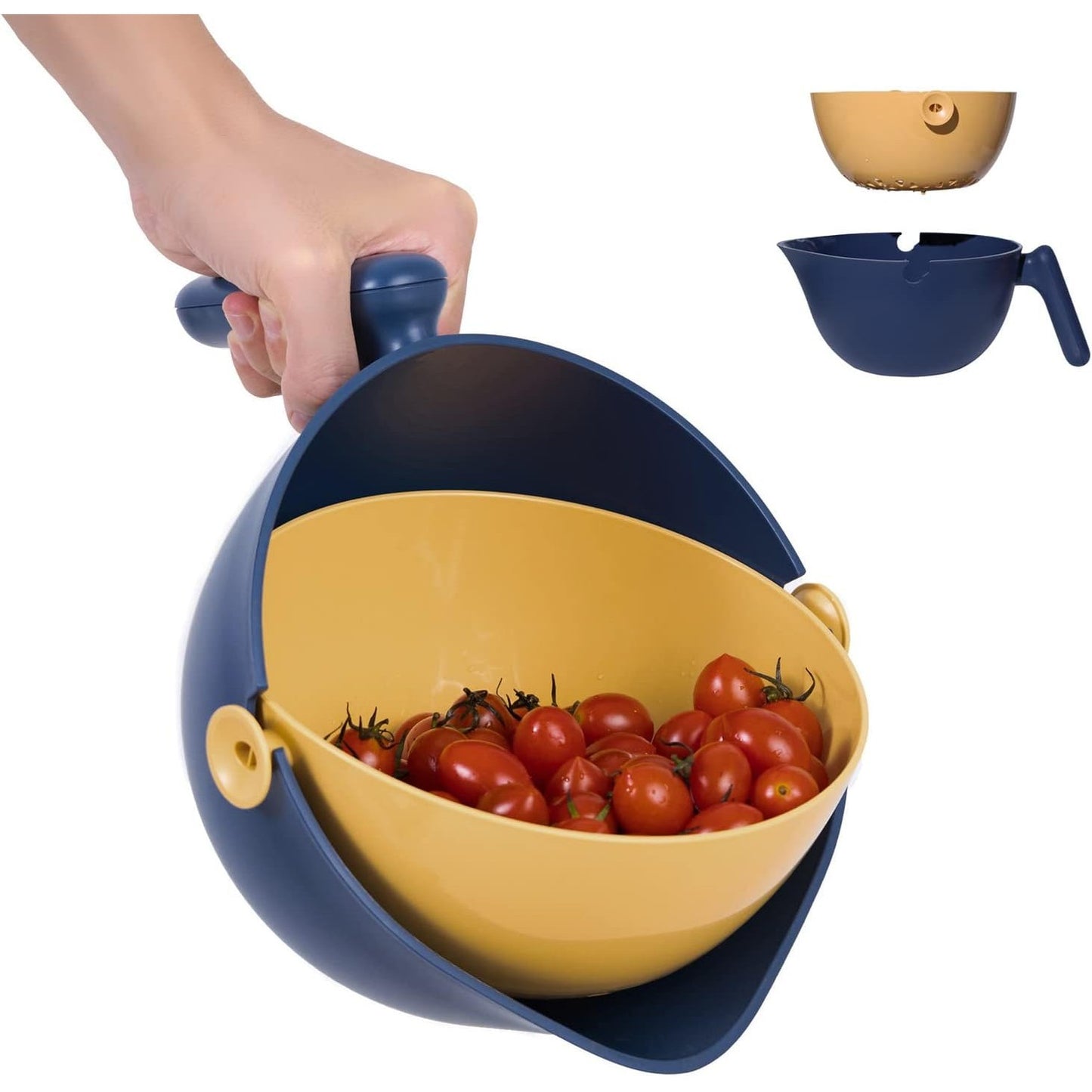 Bol cu Doua Straturi, pentru Fructe, Legume, cu Cos de Scurgere a Apei, 2L, din ABS+PP, 29.9 x 22.5 x 11.8 cm, Albastru-Portocaliu