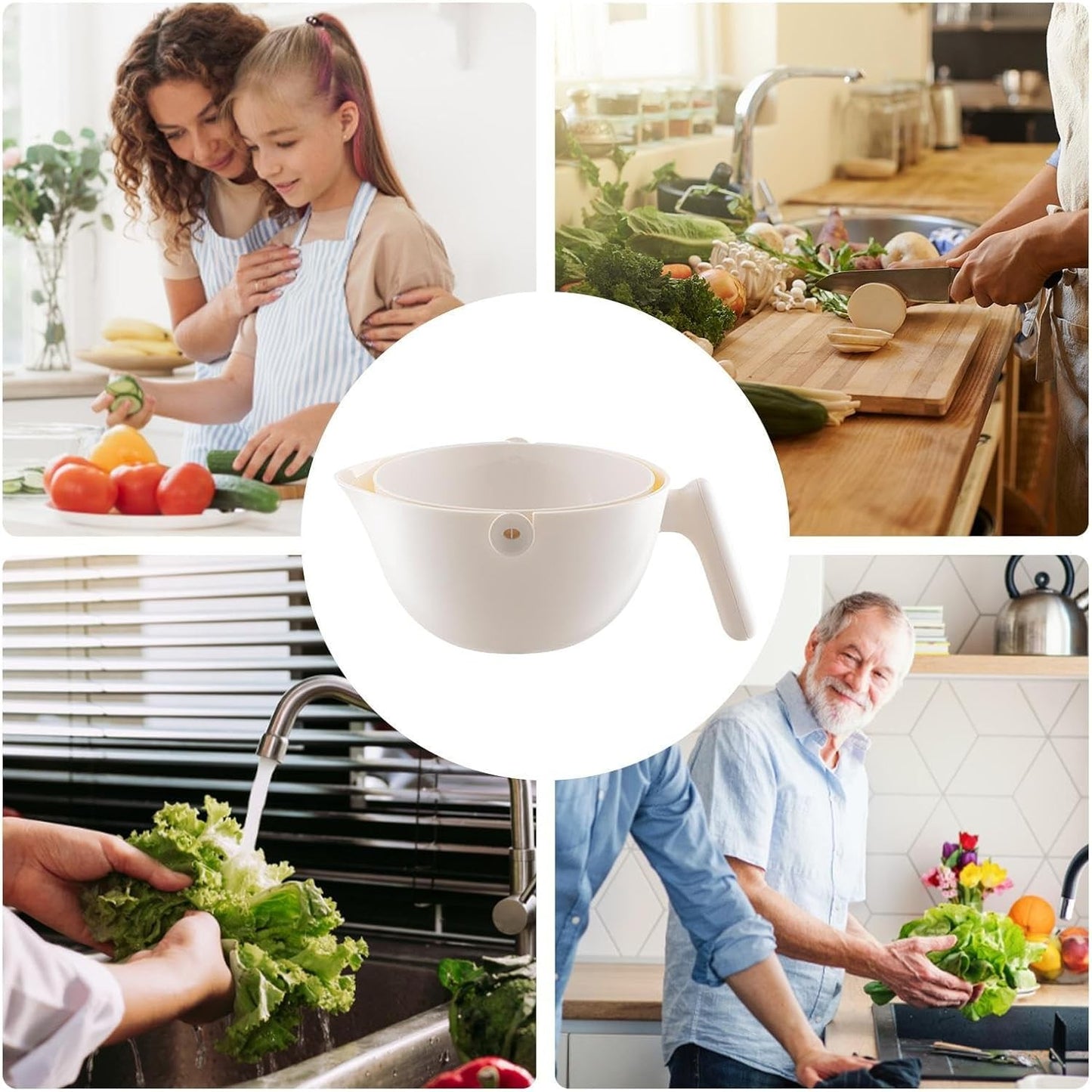 Bol cu Doua Straturi, pentru Fructe, Legume, cu Cos de Scurgere a Apei, 2L, din ABS+PP, 29.9 x 22.5 x 11.8 cm, Alb