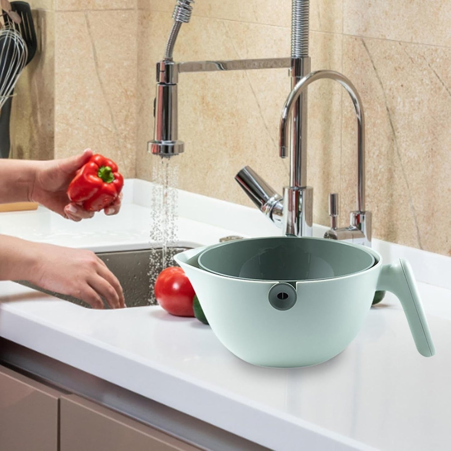 Bol cu Doua Straturi, pentru Fructe, Legume, cu Cos de Scurgere a Apei, 2L, din ABS+PP, 29.9 x 22.5 x 11.8 cm, Verde