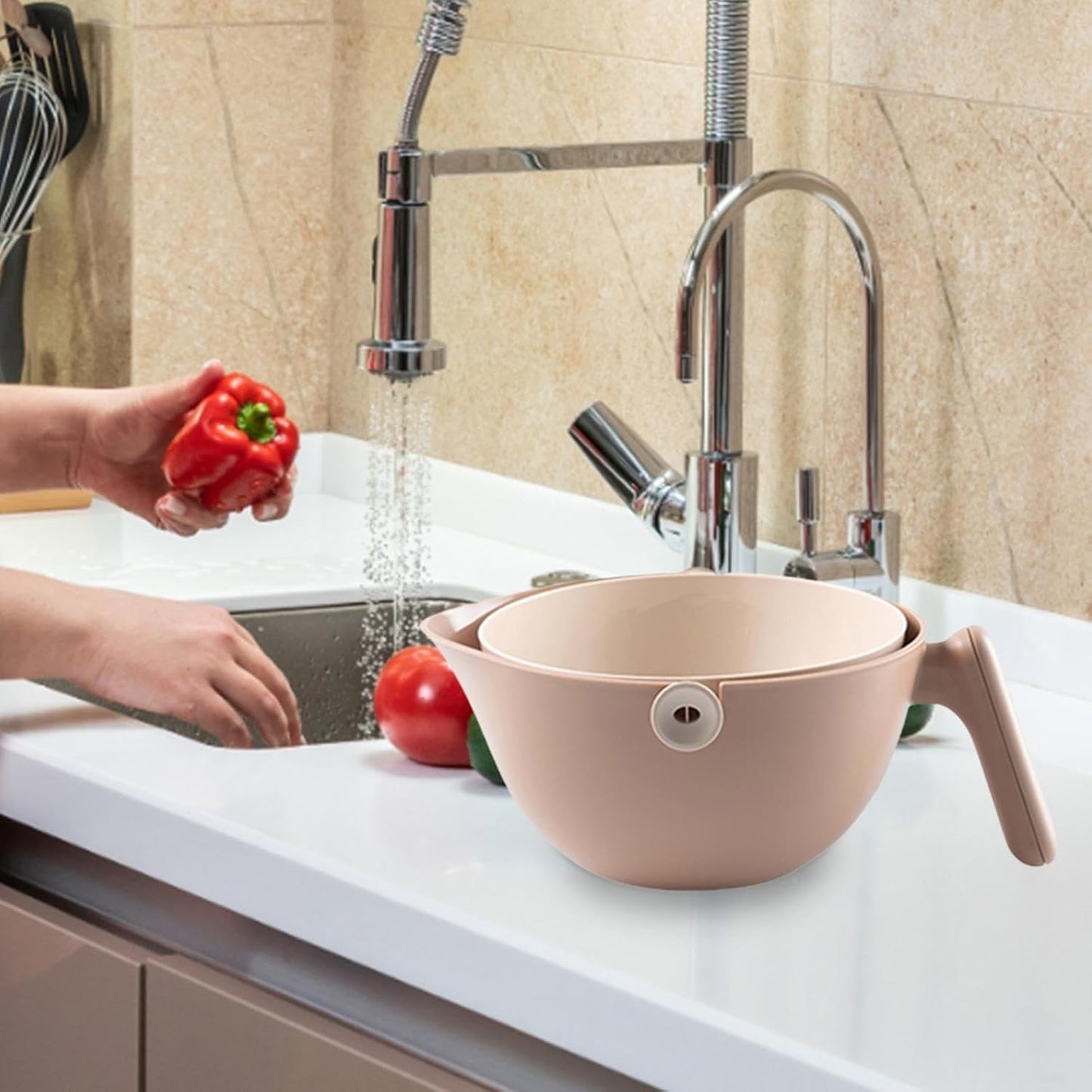 Bol cu Doua Straturi, pentru Fructe, Legume, cu Cos de Scurgere a Apei, 2L, din ABS+PP, 29.9 x 22.5 x 11.8 cm, Maro