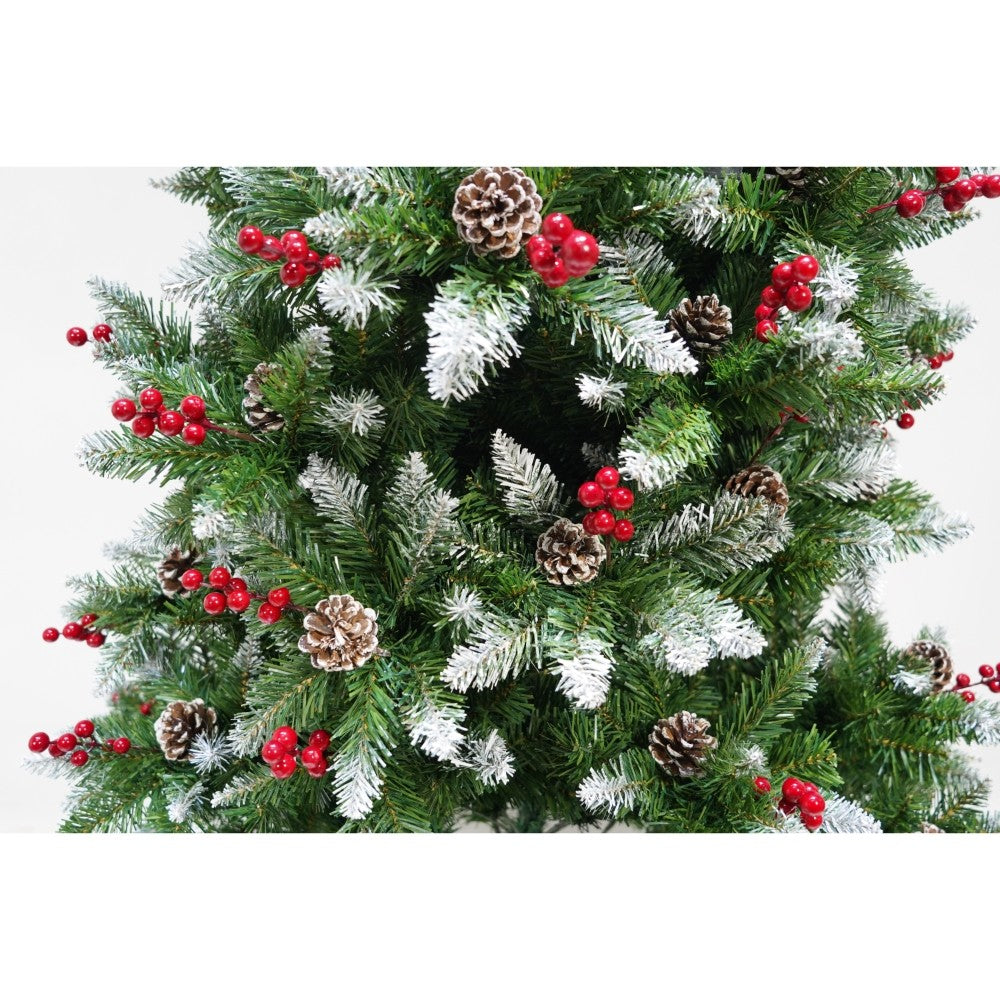 Brad artificial de Craciun nins, decorat cu conuri pin rosii, diametru 83 cm, 319 ramuri, verde, suport metalic inclus