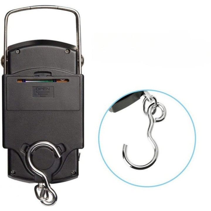 Cantar Digital de Mana cu Carlig, Cantar Portabil, Pescuit, cu Maner, Capacitate 50 kg, cu Metru Incorporat, 20.5 x 6 x 2.5 cm, Negru