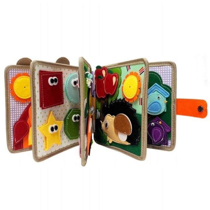 Carte Senzoriala Educativa Montessori 7in1, Dezvoltare Abilitati Motorii, 8 Pagini, 3D, cu Elemente Detasabile, Model Girafa, 21x21x8 cm, Maro