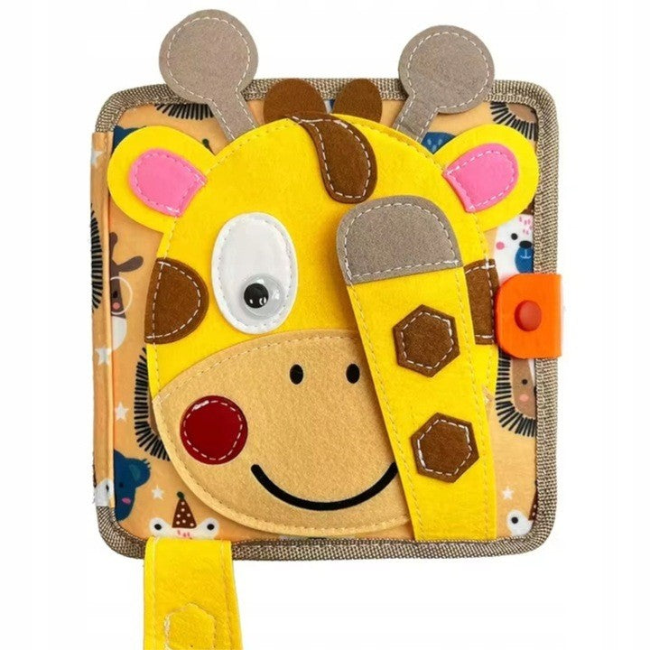 Carte Senzoriala Educativa Montessori 7in1, Dezvoltare Abilitati Motorii, 8 Pagini, 3D, cu Elemente Detasabile, Model Girafa, 21x21x8 cm, Maro
