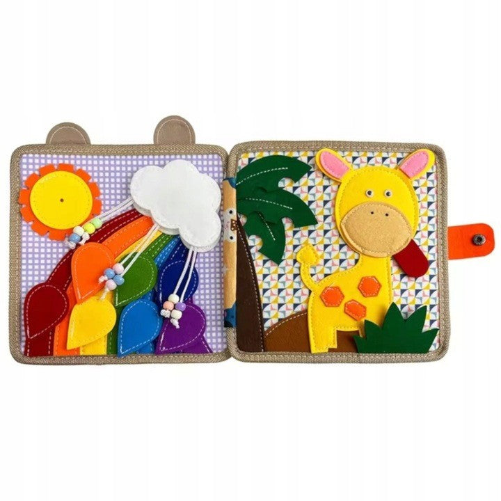 Carte Senzoriala Educativa Montessori 7in1, Dezvoltare Abilitati Motorii, 8 Pagini, 3D, cu Elemente Detasabile, Model Girafa, 21x21x8 cm, Maro