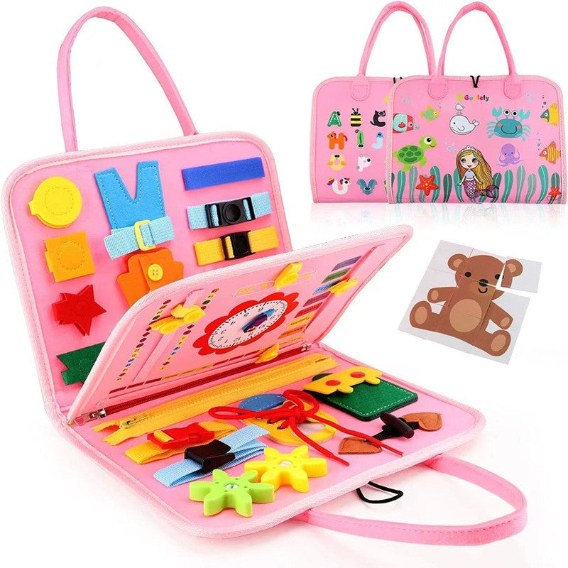 Carte Senzoriala Educativa Montessori, Dezvoltare Abilitati Motorii, 3 Pagini, Model Sirena si Alfabet, 28x25x4 cm, Roz
