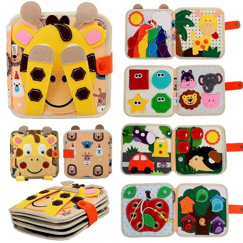 Carte Senzoriala Educativa Montessori 7in1, Dezvoltare Abilitati Motorii, 8 Pagini, 3D, cu Elemente Detasabile, Model Girafa, 21x21x8 cm, Maro