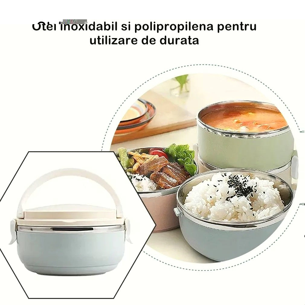 Caserola pentru alimente, lunch box, 700 ml, otel inoxidabil, maner, valva aerisire, inchidere etansa, 15 x 8.5 cm, albastru